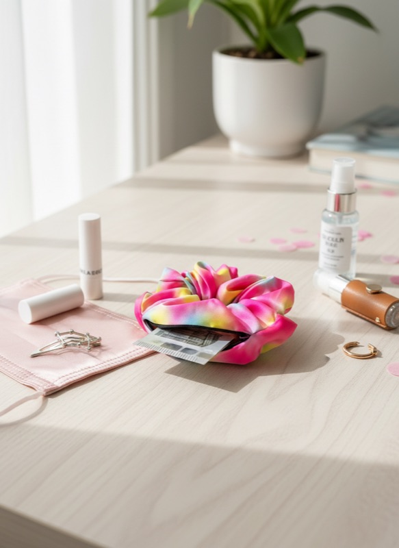 Das geöffnete Gradient-Scrunchie auf einem hellen Schreibtisch zwischen Haarspangen, Serum und einer Zimmerpflanze
